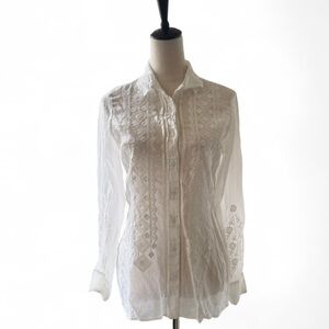 Johnny Was White Embroidered Button Down Tunic Shirt size S sheer